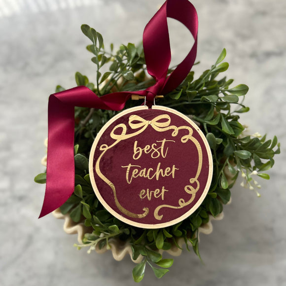 Best Teacher Ever Bow Christmas Heirloom Hoop