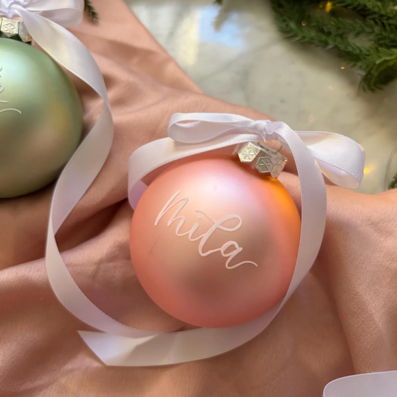 Pink/Coral Glass Hand lettered Personalised Christmas Bauble