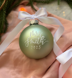 Sage Glass Hand lettered Personalised Christmas Bauble