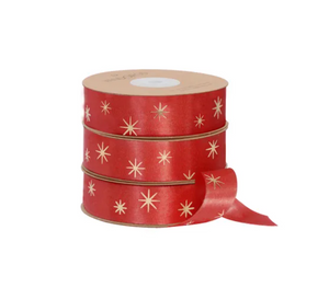 Red Pearl Gold Star Embossed Ribbon